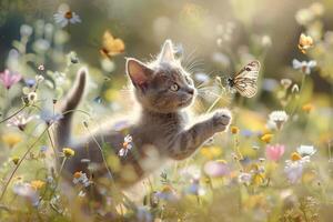 un juguetón ruso azul gatito persiguiendo un mariposa mediante un campo de flores silvestres, sus pulcro plata Saco brillante en el luz de sol foto