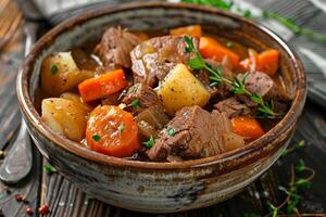 Goulash with tender beef, carrots and potatoes photo