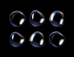 Glossy soap bubbles on black background. Transparent soap bubbles with reflection. photo