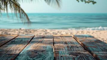 Empty Wooden Table in Tropical Beach View photo