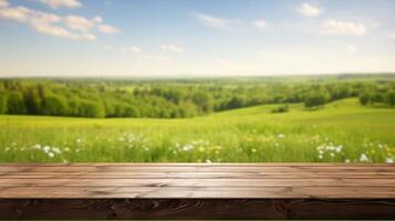 Wooden table in green field photo