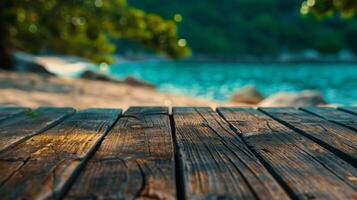 Empty Wooden Table in Tropical Beach View photo