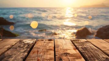 wooden table on the beach view photo