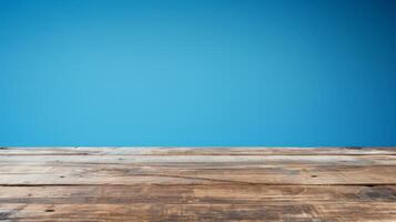 Wooden table in Blue wall photo