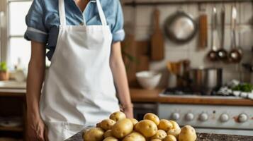 Cocinando patatas en mesa en cocina con llanura delantal foto