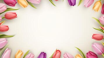 Colorful Tulips Blossoming in Spring Garden Isolated on White Banner for Copy Space Vibrant Floral Nature for Text and Promotion photo