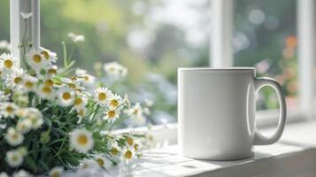 blanco café taza con blanco frente, realista en un Bosquejo modelo foto