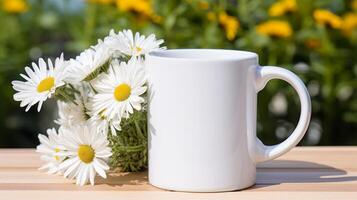 blanco café taza con blanco frente, realista en un Bosquejo modelo foto