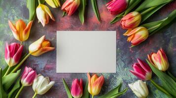 Blank sheet of paper and colorful tulip flowers frame mockup photo