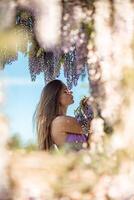 Woman wisteria lilac dress. Thoughtful happy mature woman in purple dress surrounded by chinese wisteria photo