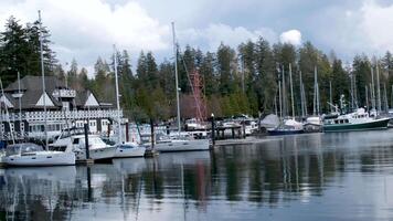 view of the city of Vancouver from Stanley Park yachts blue sky ocean goes into air spring cleanliness Calm vancouver canada 2023 video