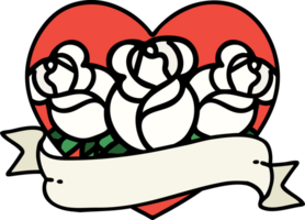 tatouage traditionnel d'un coeur et d'une bannière avec des fleurs png