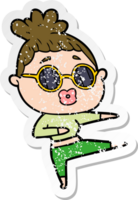 distressed sticker of a cartoon dancing woman wearing sunglasses png