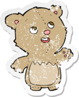 retro distressed sticker of a cartoon happy little teddy bear png