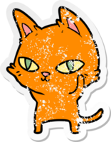 distressed sticker of a cartoon cat with bright eyes png