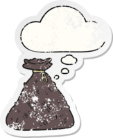 cartoon old hessian sack and thought bubble as a distressed worn sticker png