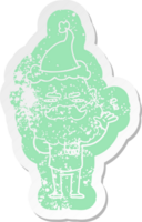 cartoon distressed sticker of a dismissive man with beard frowning wearing santa hat png