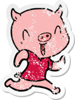 distressed sticker of a happy cartoon pig png