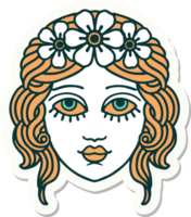 autocollant de style tatouage de visage féminin avec couronne de fleurs png