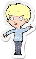 retro distressed sticker of a cartoon boy with idea png