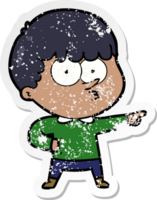 distressed sticker of a cartoon pointing boy png