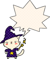 magical amazing cartoon cat wizard and speech bubble in comic book style png