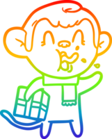 rainbow gradient line drawing of a crazy cartoon monkey with christmas present png