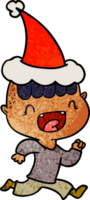 hand drawn textured cartoon of a happy boy laughing and running away wearing santa hat png