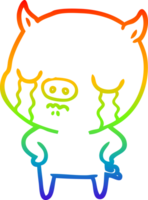 rainbow gradient line drawing of a cartoon pig crying with hands on hips png