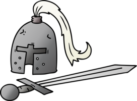 gradient cartoon doodle of a medieval helmet and sword png