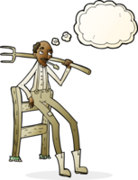 cartoon old farmer leaning on fence with thought bubble png