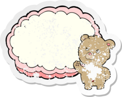 retro distressed sticker of a cartoon teddy bear with text space cloud png