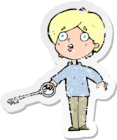 retro distressed sticker of a cartoon boy with key png
