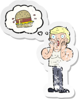retro distressed sticker of a cartoon shocked man thinking about junk food png