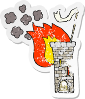 retro distressed sticker of a cartoon old castle tower waving white flag png