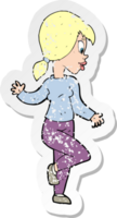 retro distressed sticker of a cartoon woman waving png