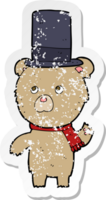 retro distressed sticker of a cartoon bear in hat png
