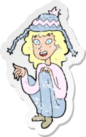 retro distressed sticker of a cartoon woman wearing winter hat png