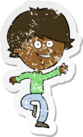 adesivo retrô angustiado de um menino acenando feliz de desenho animado png