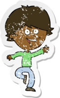 retro distressed sticker of a cartoon happy waving boy png