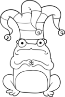 noir et blanc dessin animé nerveux grenouille portant bouffon chapeau png