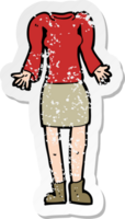 retro distressed sticker of a cartoon female body with shrugging shoulders png