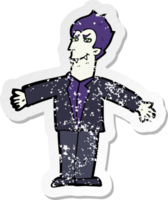 retro distressed sticker of a cartoon vampire man with open arms png