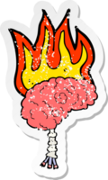 retro distressed sticker of a cartoon brain on fire png