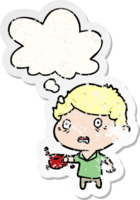 cartoon man with cup of coffee with thought bubble as a distressed worn sticker png