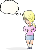 cartoon shy woman with thought bubble png