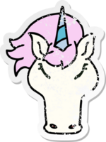 distressed sticker of a quirky hand drawn cartoon unicorn png