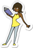sticker of a cartoon woman reading book png