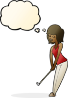 tekenfilm vrouw spelen golf met gedachte bubbel png