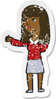 retro distressed sticker of a cartoon woman gesturing to show something png